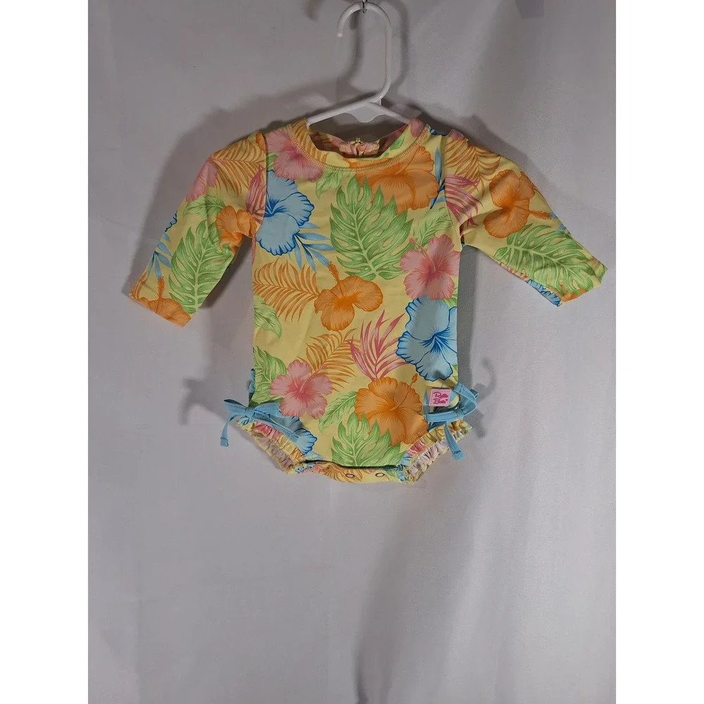 RuffleButts Baby Girls Yellow Tropical Floral Rash Guard Swimsuit 3-6M